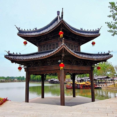 kualitas  3.2m Chinese Style Pavilion Handmade Grey Wooden Gazebo Structure pabrik