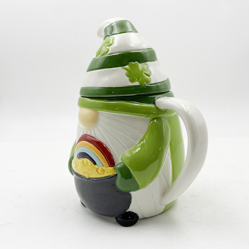 Custom Kreatif 3d Natal Keramik Mug Spring Gnome Hijau Warna Dekorasi Dengan Tutup