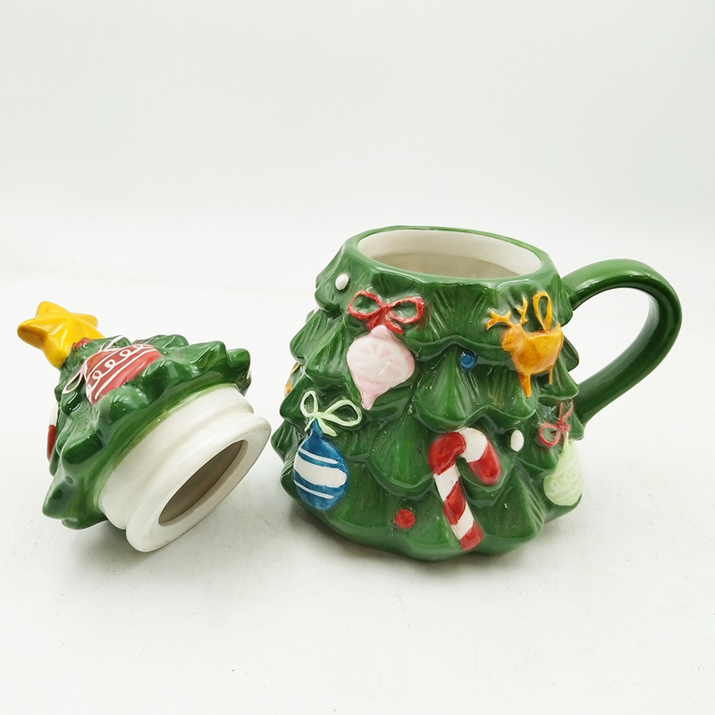 Green Christmas Tree Cup Cute Keramik Christmas Mug Dengan Tutup Untuk Hadiah Dekorasi Rumah