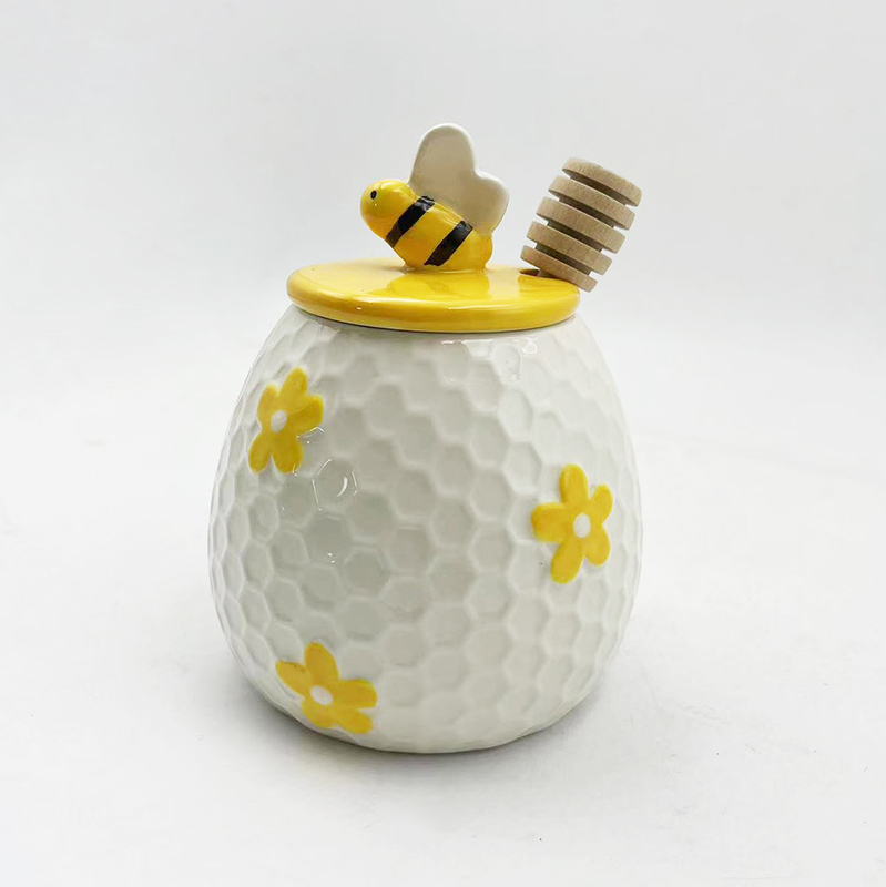Farmhouse Gaya Embossed Bee Desain Keramik Madu Jar Untuk Dekorasi Dapur Rumah