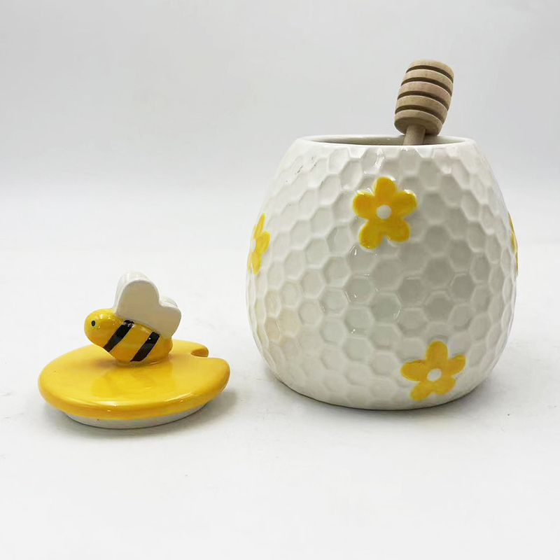 Farmhouse Gaya Embossed Bee Desain Keramik Madu Jar Untuk Dekorasi Dapur Rumah