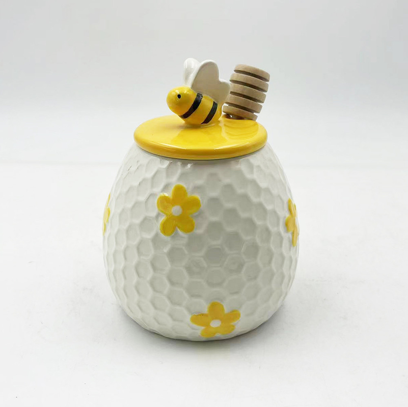 Farmhouse Gaya Embossed Bee Desain Keramik Madu Jar Untuk Dekorasi Dapur Rumah