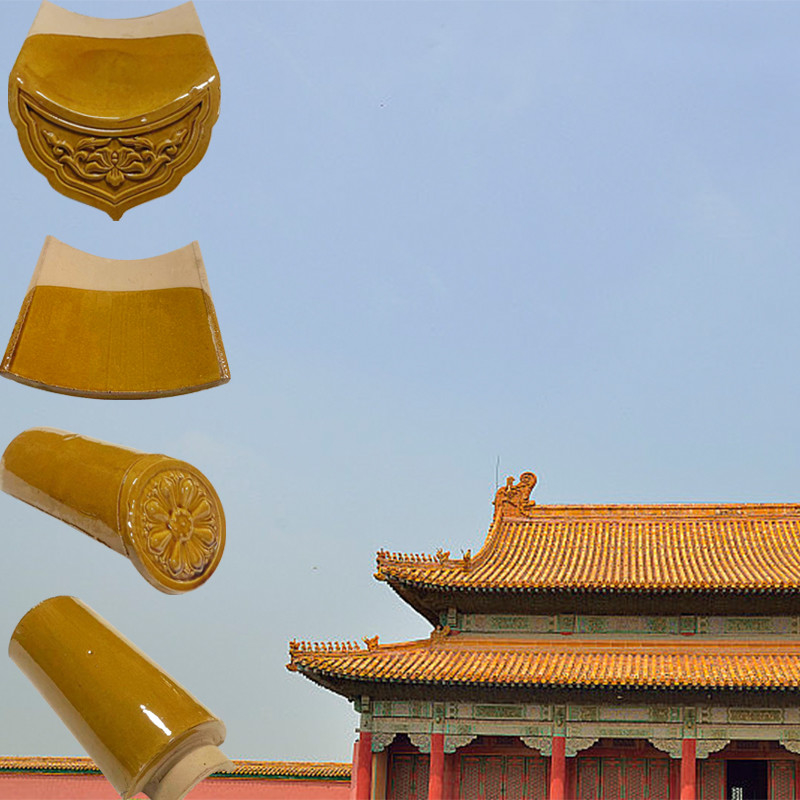 Lantai atap kaca Cina Elegant Glaze Kuning Panjang untuk Gaya Kekaisaran Kuno Atap Desain Modern