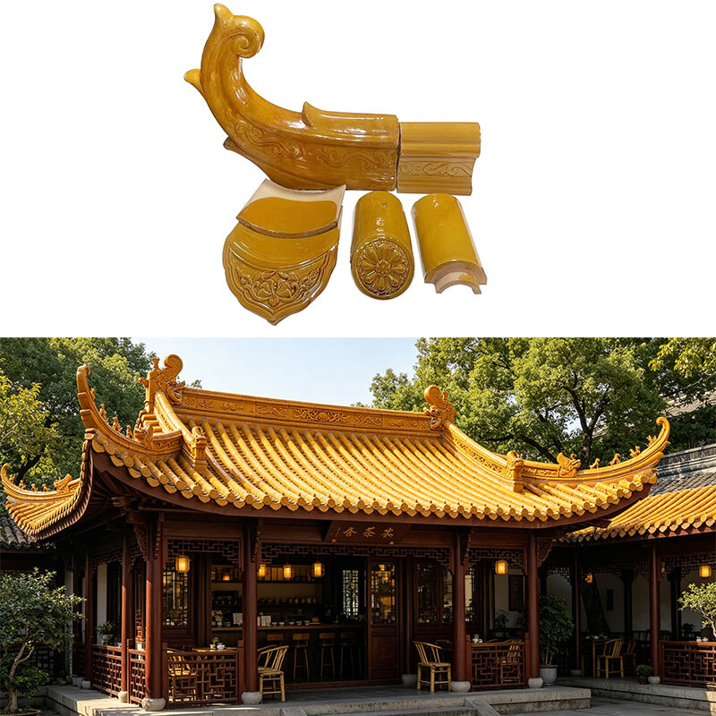 Lantai atap tanah liat kaca kuning yang tahan lama Lantai atap keramik berkilau Bahan atap antik tradisional Cina untuk halaman dan paviliun