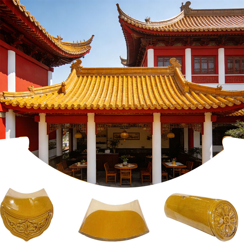 Lantai atap tanah liat kaca kuning yang tahan lama Lantai atap keramik berkilau Bahan atap antik tradisional Cina untuk halaman dan paviliun