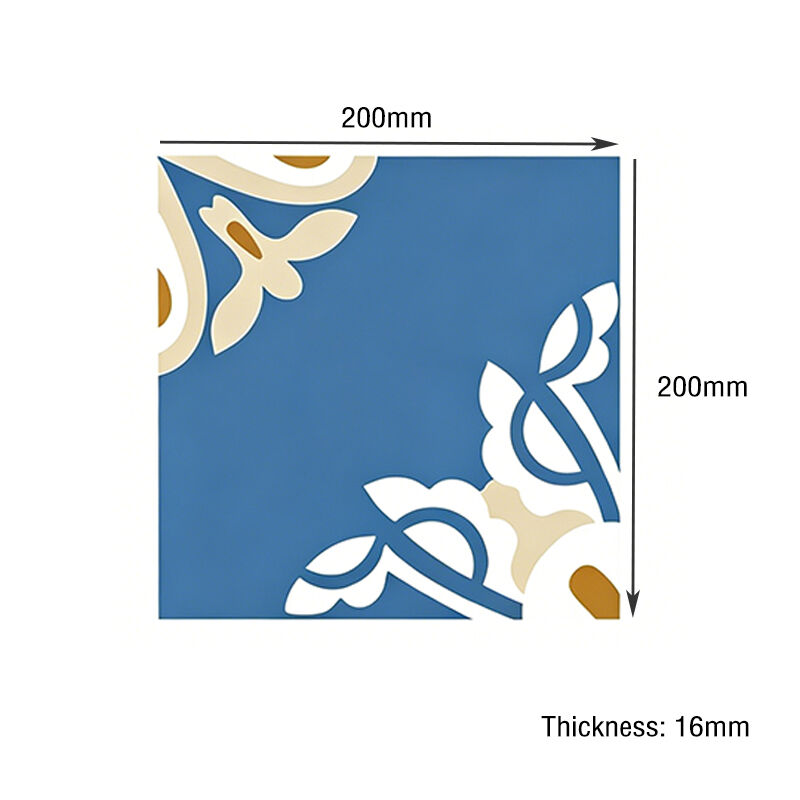 200x200mm Handmade Blue Floral Cement Tile Encaustic Tile for Kitchen Backsplash Bathroom Floor Non-slip untuk area lalu lintas tinggi