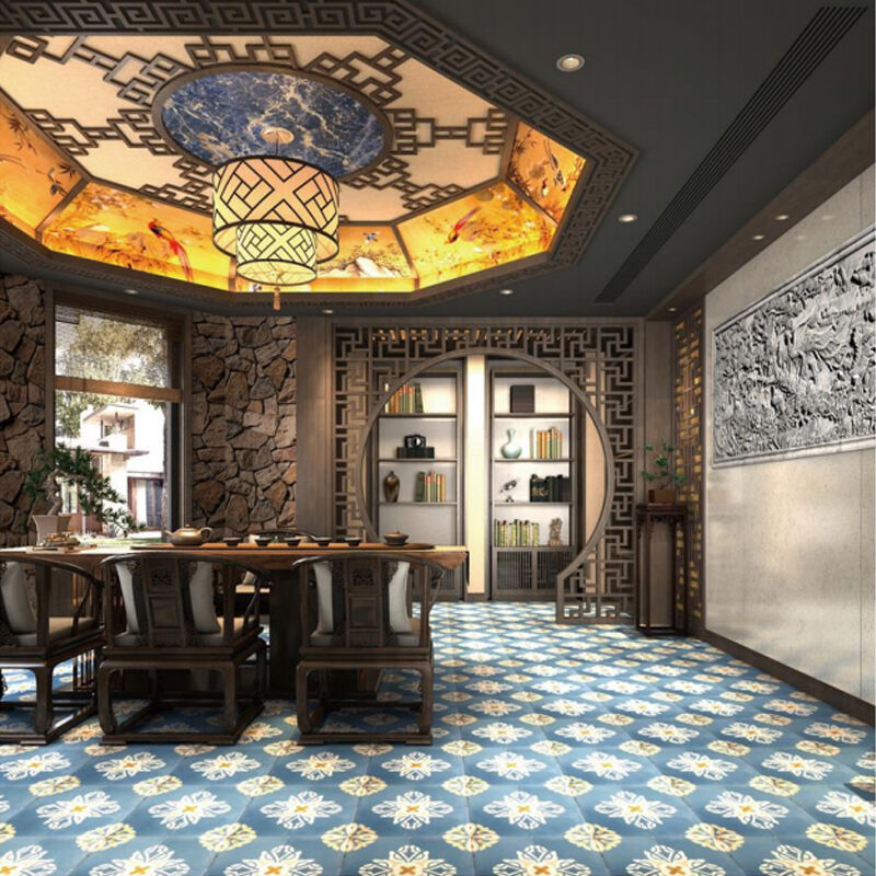 200x200mm Handmade Blue Floral Cement Tile Encaustic Tile for Kitchen Backsplash Bathroom Floor Non-slip untuk area lalu lintas tinggi