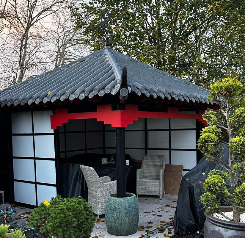 Paviliun Rumah Teh Luar Ruangan Gaya Jepang & Cina Gazebo Halaman yang Nyaman dengan Sistem Genteng Pinggul & Atap Melengkung ke Atas