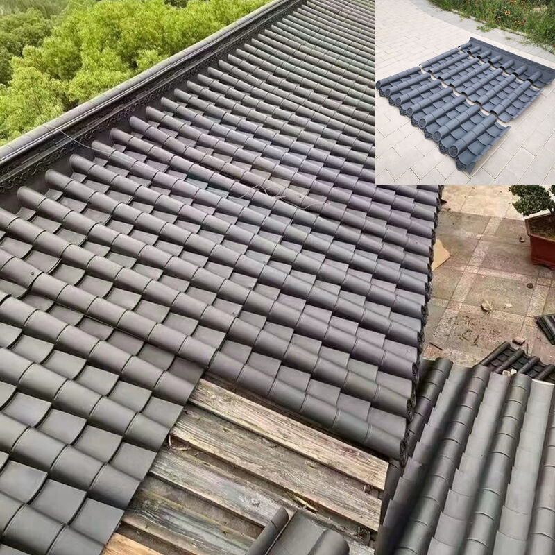 Ornamental Dark Grey PP Asian Wave Roof Panels Antique Synthetic Chinese Barrel Tile Sheeting with Floral Eaves