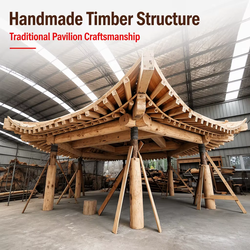 Komersial Square Paviliun Kayu Kit 3m Heavy-Duty Mortise & Tenon Asian Gazebo Kayu untuk Taman Botani & Resor Publik